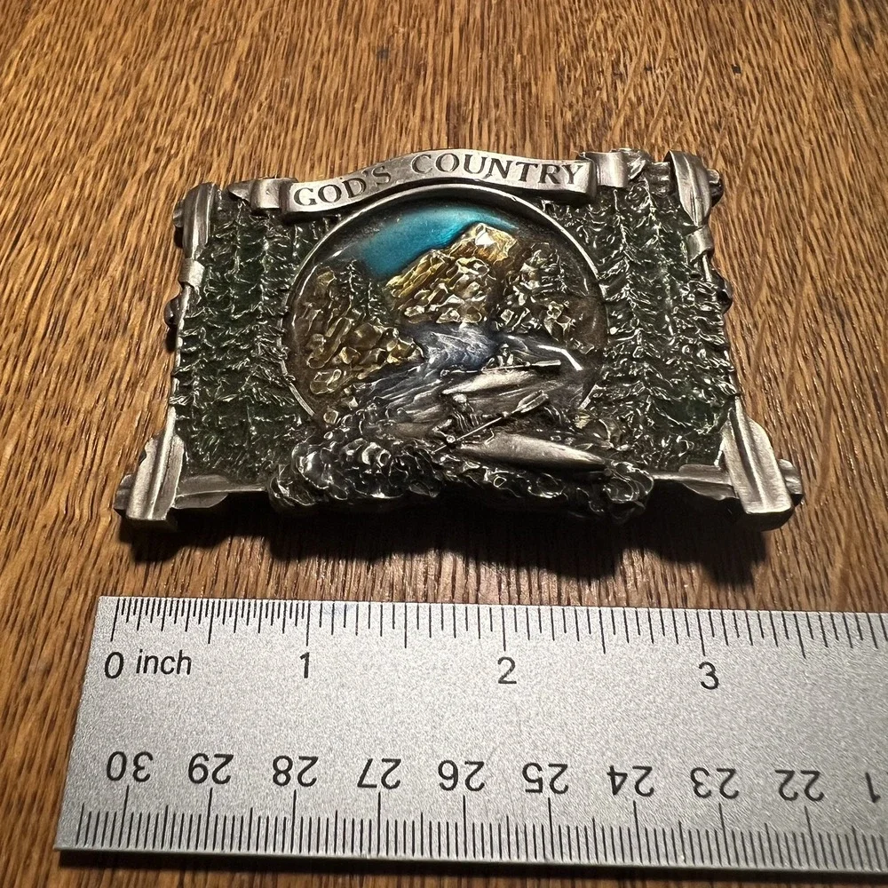 VTG God's Country Buckle*Missing Pin*1983 Bergamot Works USA 3D Mts Kayaks